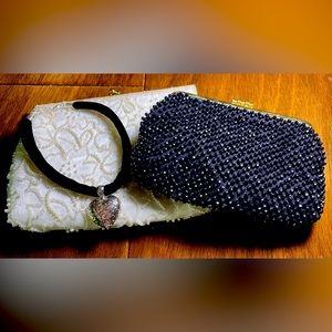 3 for $25! Carla Marchi white beaded purse, black beaded clutch, heart necklace.